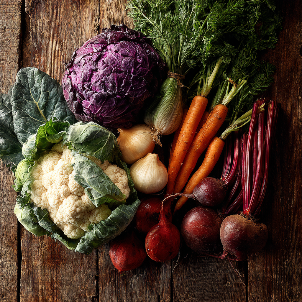 Райдужна композиція свіжих овочів та фруктів розкладена за кольорами